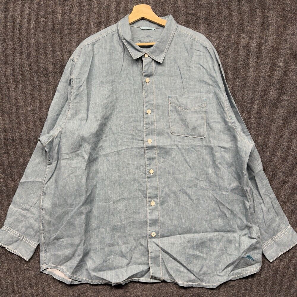 Tommy Bahama Mens 2XLB Blue Long Sleeve Button Up 100% Linen Shirt Marlin Teal